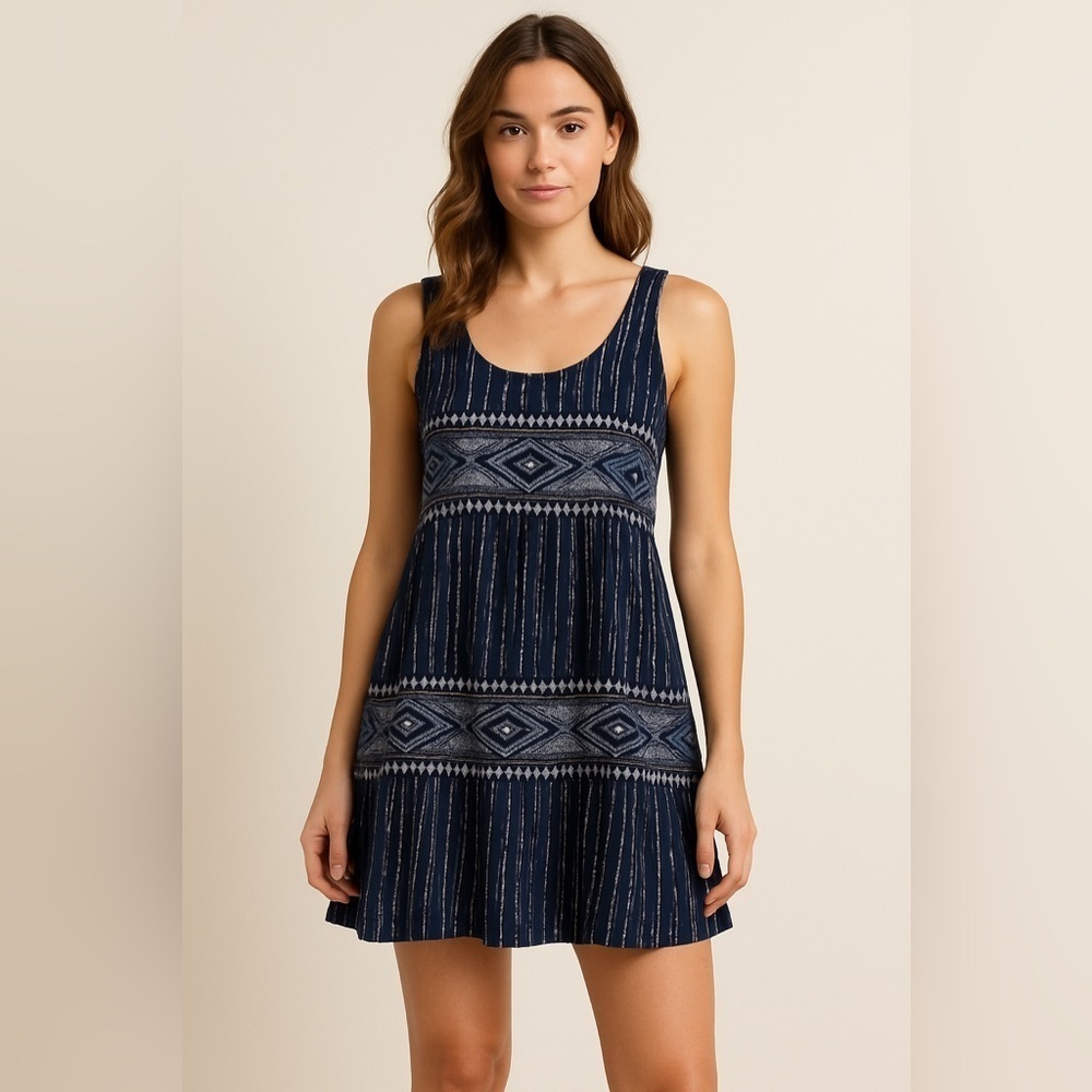 Roxy Women’s Navy Argyle Babydoll Mini Dress Size M Boho Peasant Beach Festival